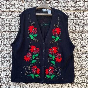 Vintage 90s Y2K appliqué poinsettia beaded sweater vest  volup 26W/28W